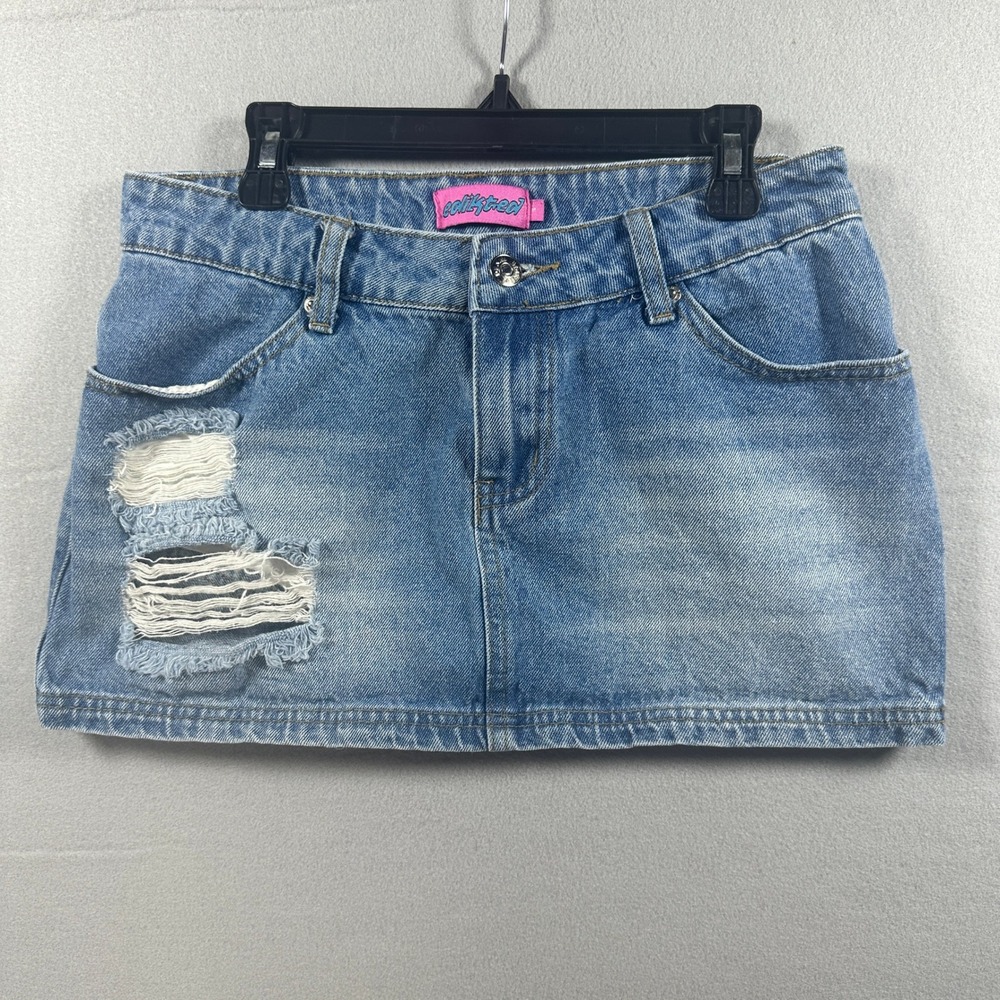 Edikted Distressed Denim Mini Skirt Light Wash Y2K Festival Style Size Small